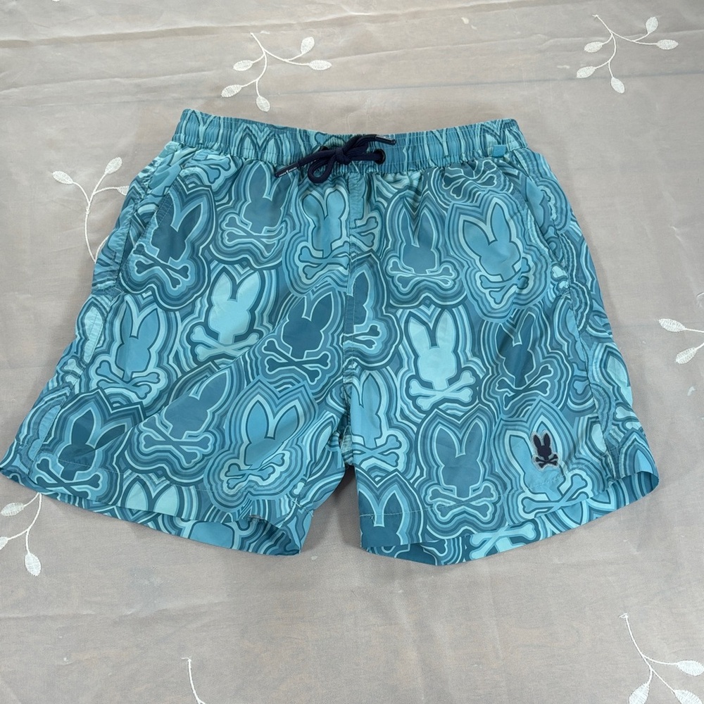 Psycho Bunny Blue Graphic Swim Trunks built-in Liner Boys Size 10-12 / M-M